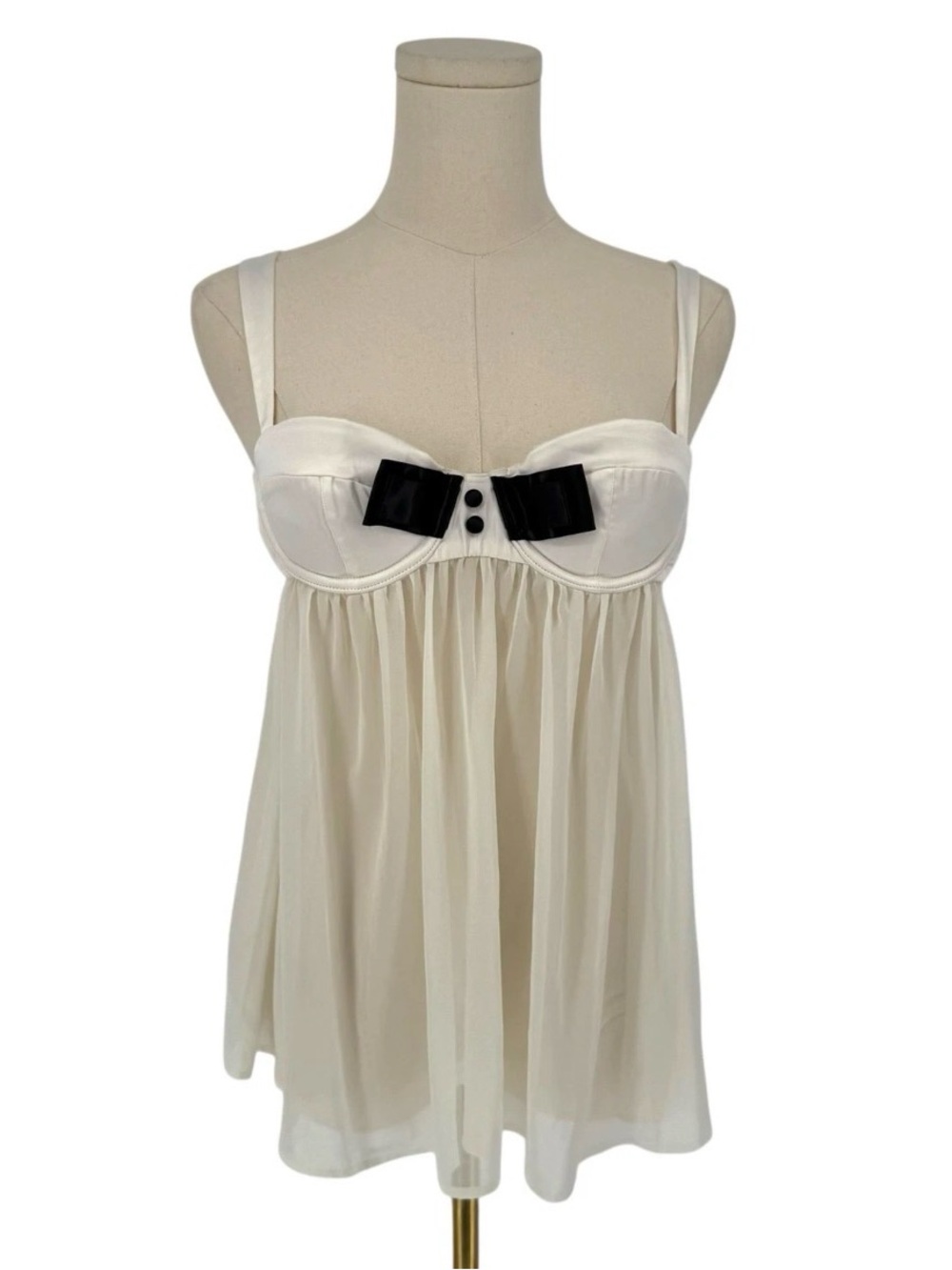 Victoria's Secret Ivory Babydoll Chemise with Black Bow Accent